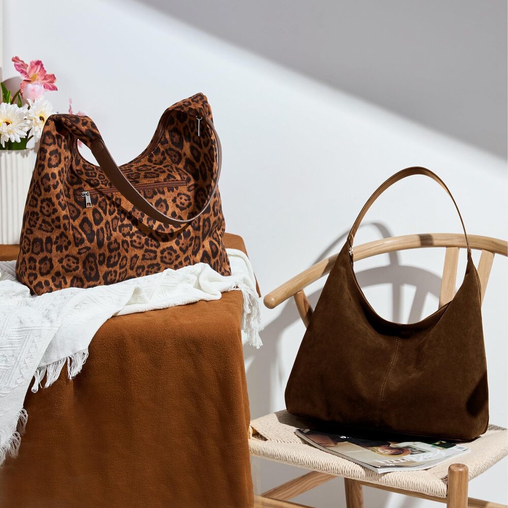 9625 Suede Cresent Tote, Slouchy Hobo Bag Vegan Leather Medium Zipper - Picture 7 of 7